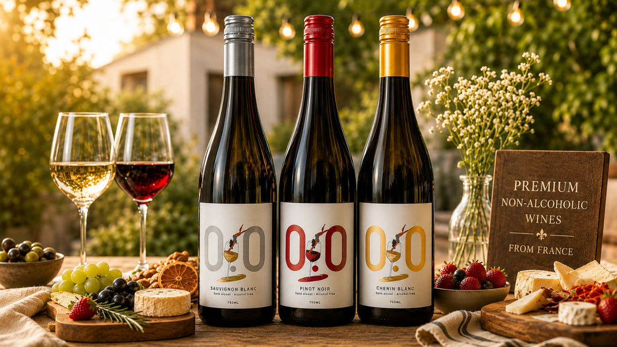 two glasses of non-alcoholic wine, one red and one white