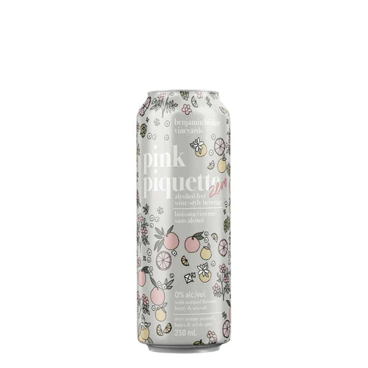 A 250 mL can of Pink Piquette 0% alcohol-free vine-style beer, featuring a light gray and white design decorated with pink and yellow citrus illustrations, on a solid white background.