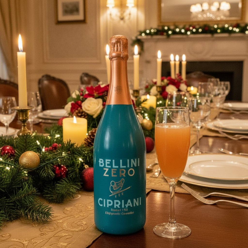 Bottle of Bellini Zero by Cipriani with a glass of peach bellini on a white background