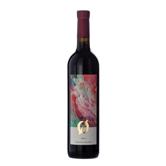 A bottle of Colibri-Red Blend non-alcoholic wine with a colorful floral label and a gold double-oh logo, set against a plain white background.
