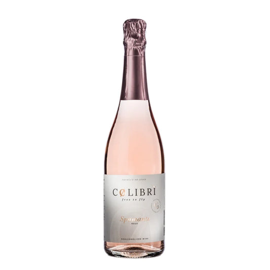 A bottle of Colibri-Spumante Rose Non-Alcoholic Sparkling Wine with a pale pink liquid, a white label, and a metallic rose gold foil top, set against a plain white background.