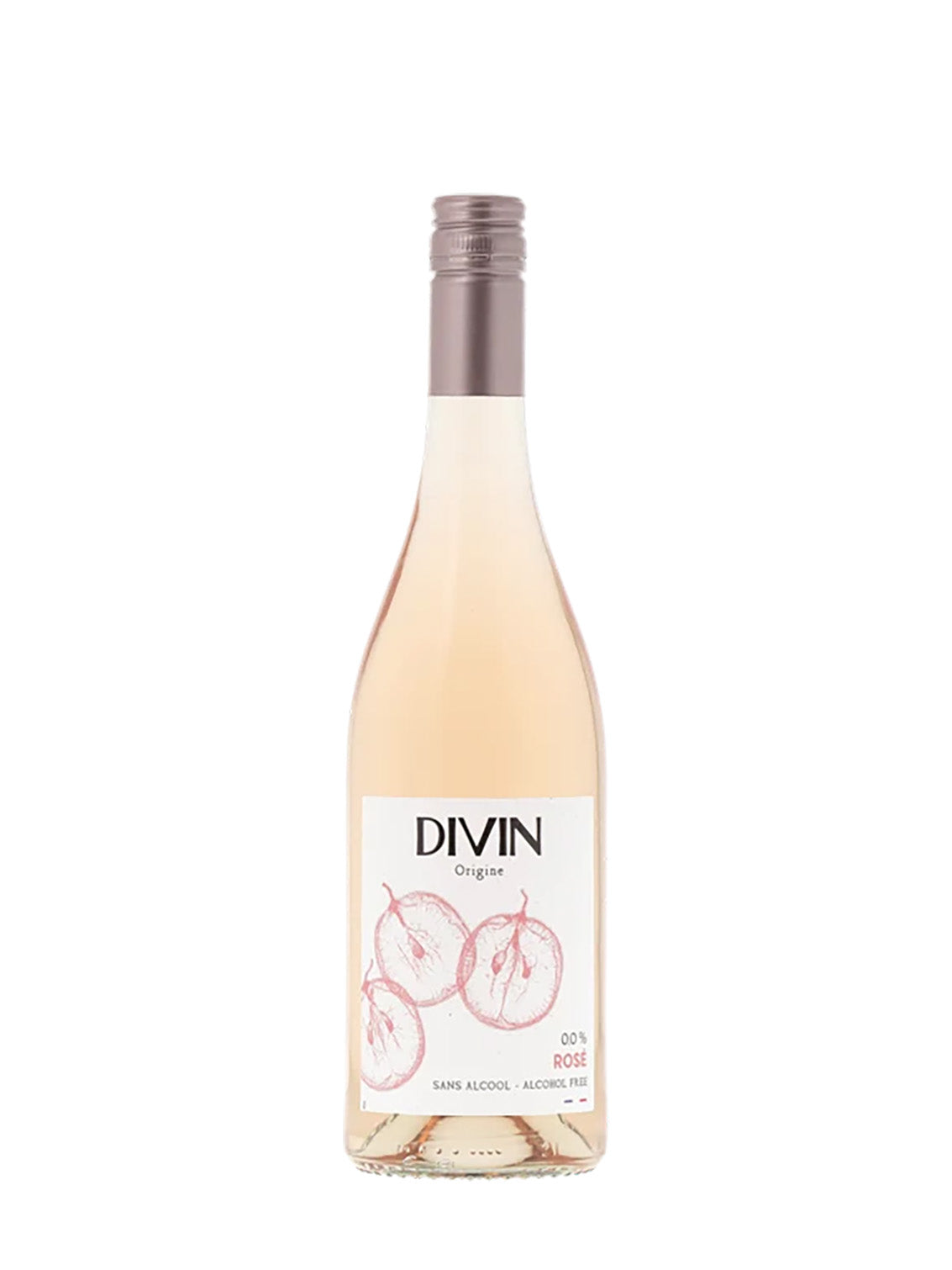 A bottle of DIVIN Rosé wine with a pale pink liquid inside, featuring a white label with pink grape illustrations and a metallic silver-gray cap, set against a plain white background.