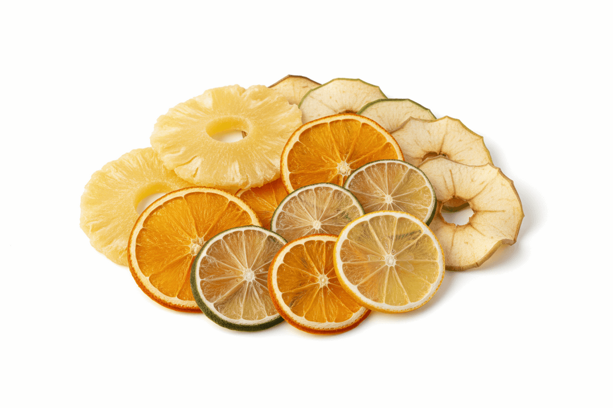dried apples, oranges, lemons, lime, pineapple