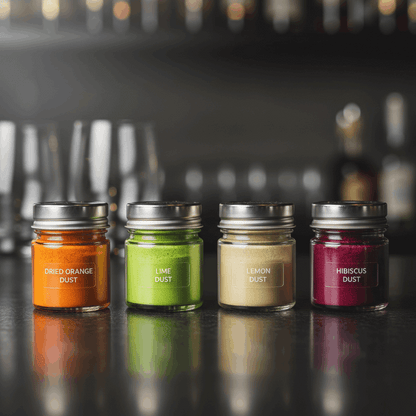 dried orange, lime, lemon, hibiscus dust in 4 small square bottles with silver cap on silver table