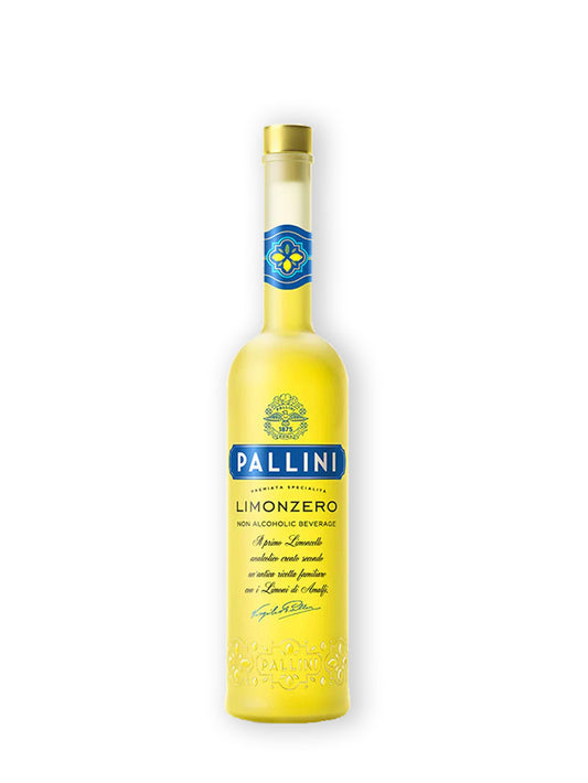 A bottle of Pallini Limonzero non-alcoholic beverage, featuring a bright yellow body, a gold cap, and a blue and gold label, set against a plain white background.