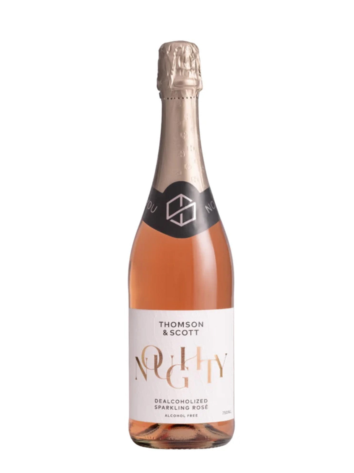 A bottle of Thomson & Scott Naughty Dracoloholized Sparkling Rose, featuring a white label with gold lettering and a black neck band, filled with pinkish-rose liquid, set against a plain white background.