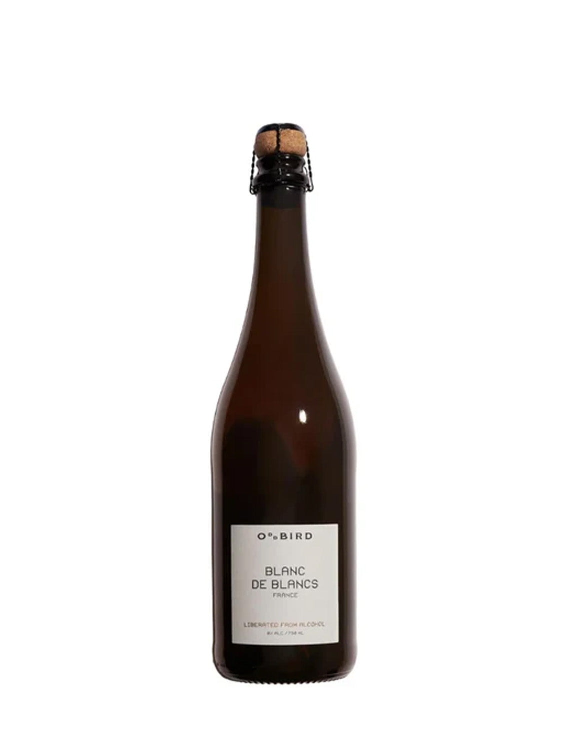 A dark brown glass bottle of O'Bird Blanc de Blancs sparkling wine with a white label and cork closure, centered on a plain white background.