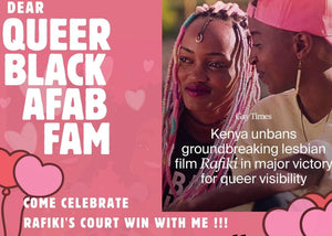 Promotional flyer for a Valentine's Day event celebrating 'Queer Black AFAB Fam' with a couple and text about 'Rafiki'.