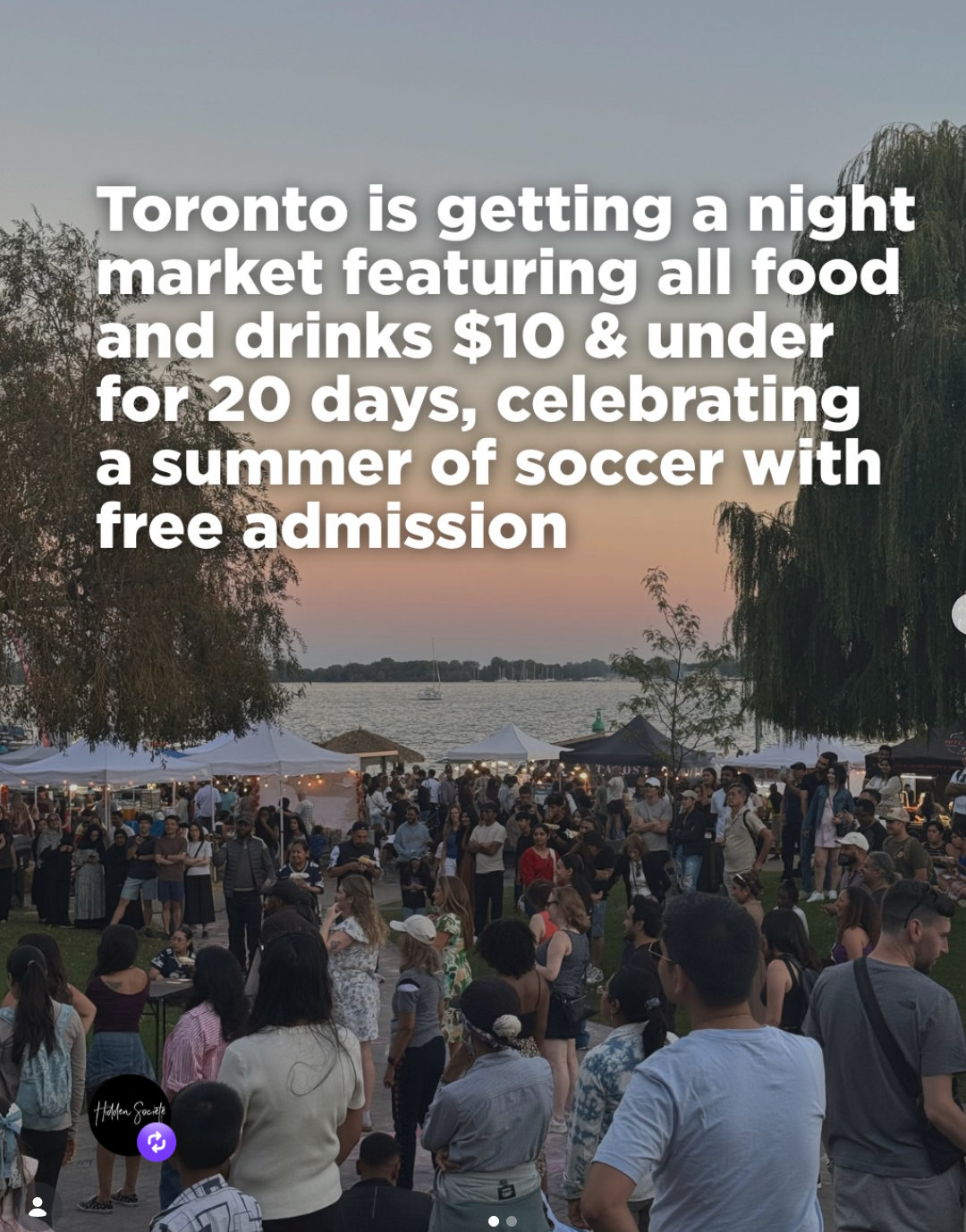 People at a night market with tents and a scenic background, text overlay about Toronto's summer soccer event.