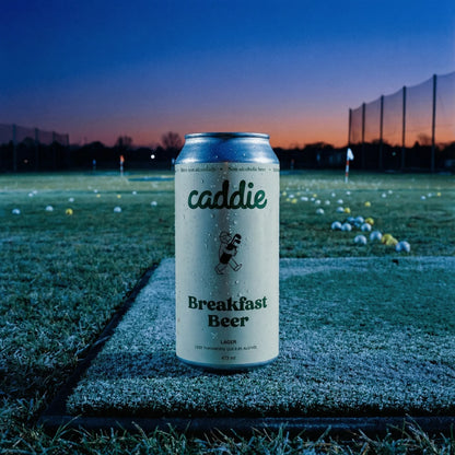 Caddie Breakfast Beer can on a golf course at dusk