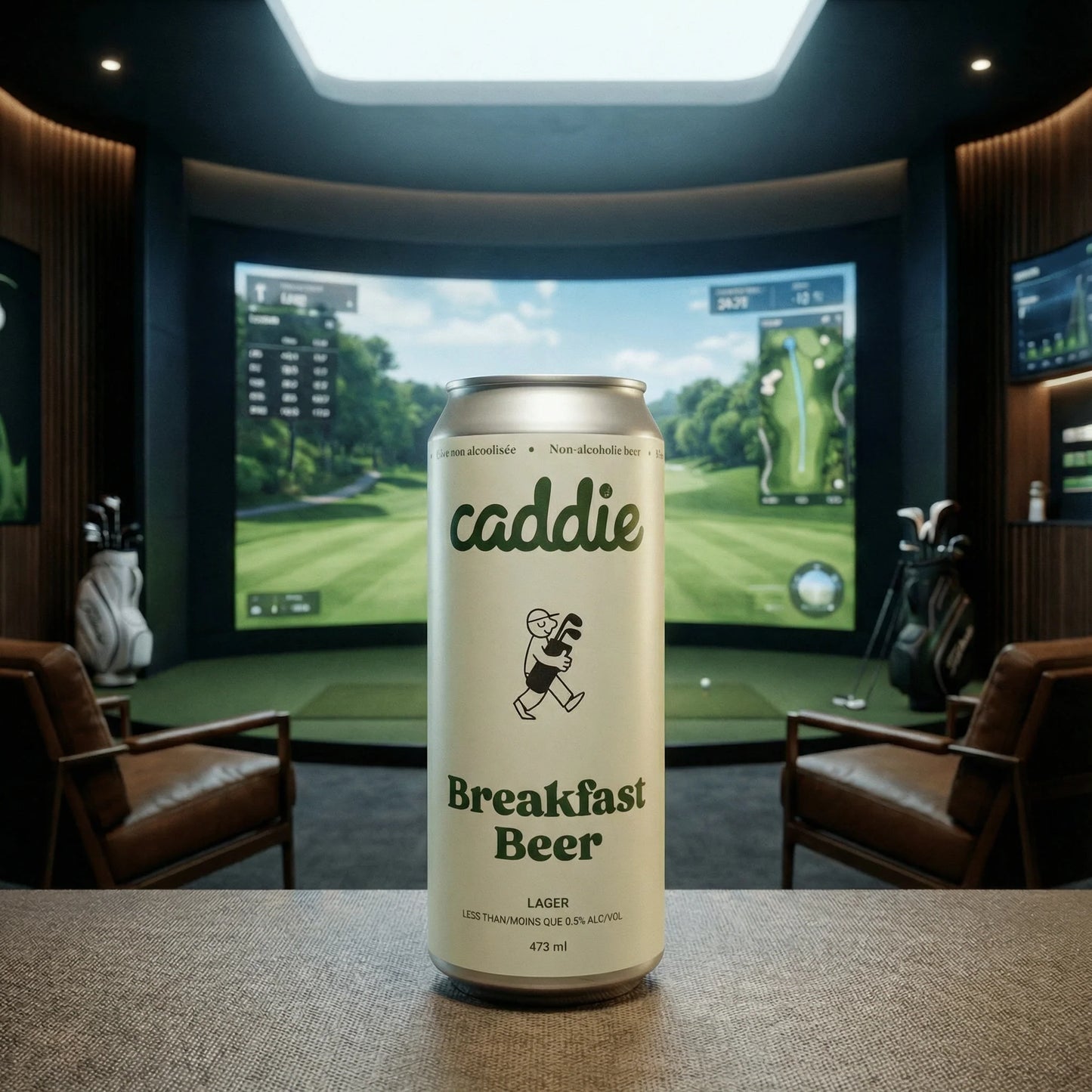 Caddie Breakfast Beer can on a table with a golf simulator in the background