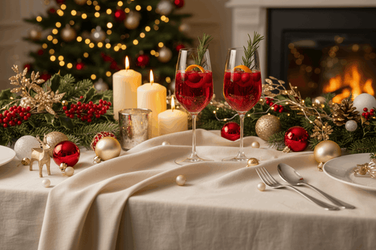 2 wine glasses on christmas dinner table, no bottles