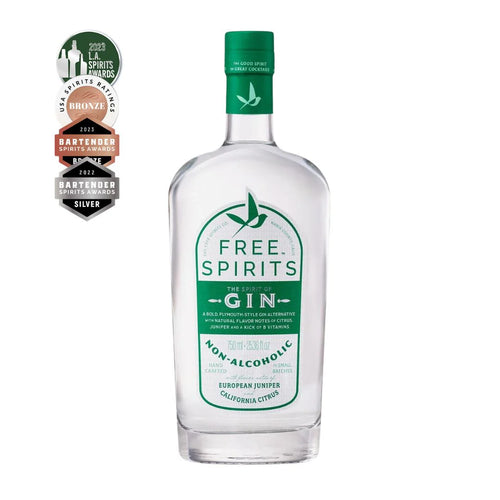 free spirit non alcoholic gin and 4 awards on white background