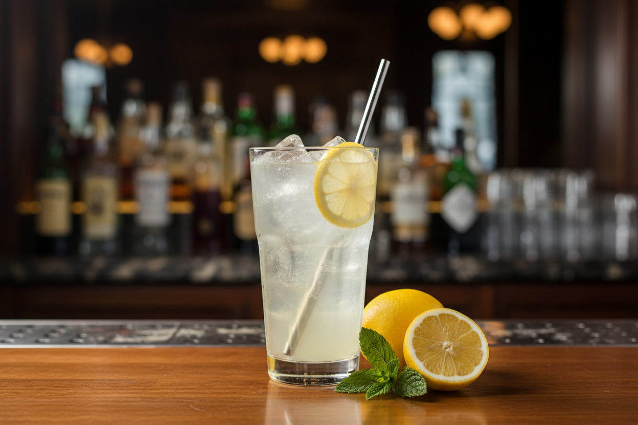 gin collins with lemons, color of gin collins is yellow