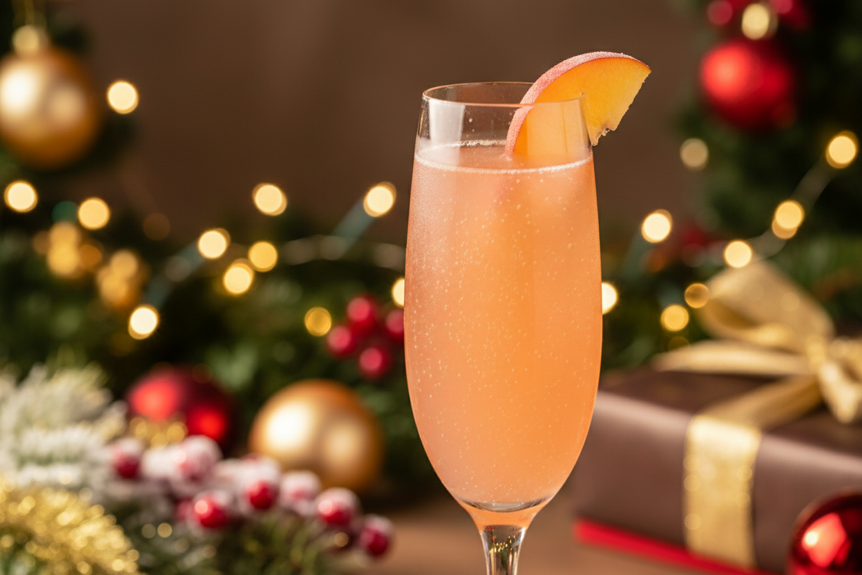peach bellini in a flute on a festive background