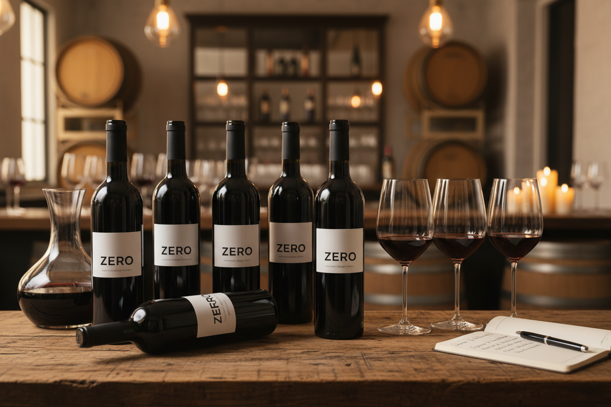 wine tasting with bottles with the word zero